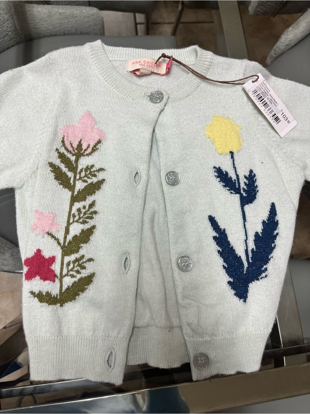 Pink Chicken Mint Green Floral Knit Cardigan with Multicolor Flowers